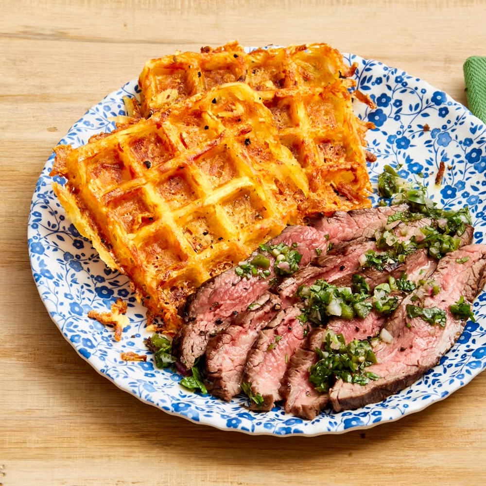 Flank Steak with Cheesy Waffle Hash Browns